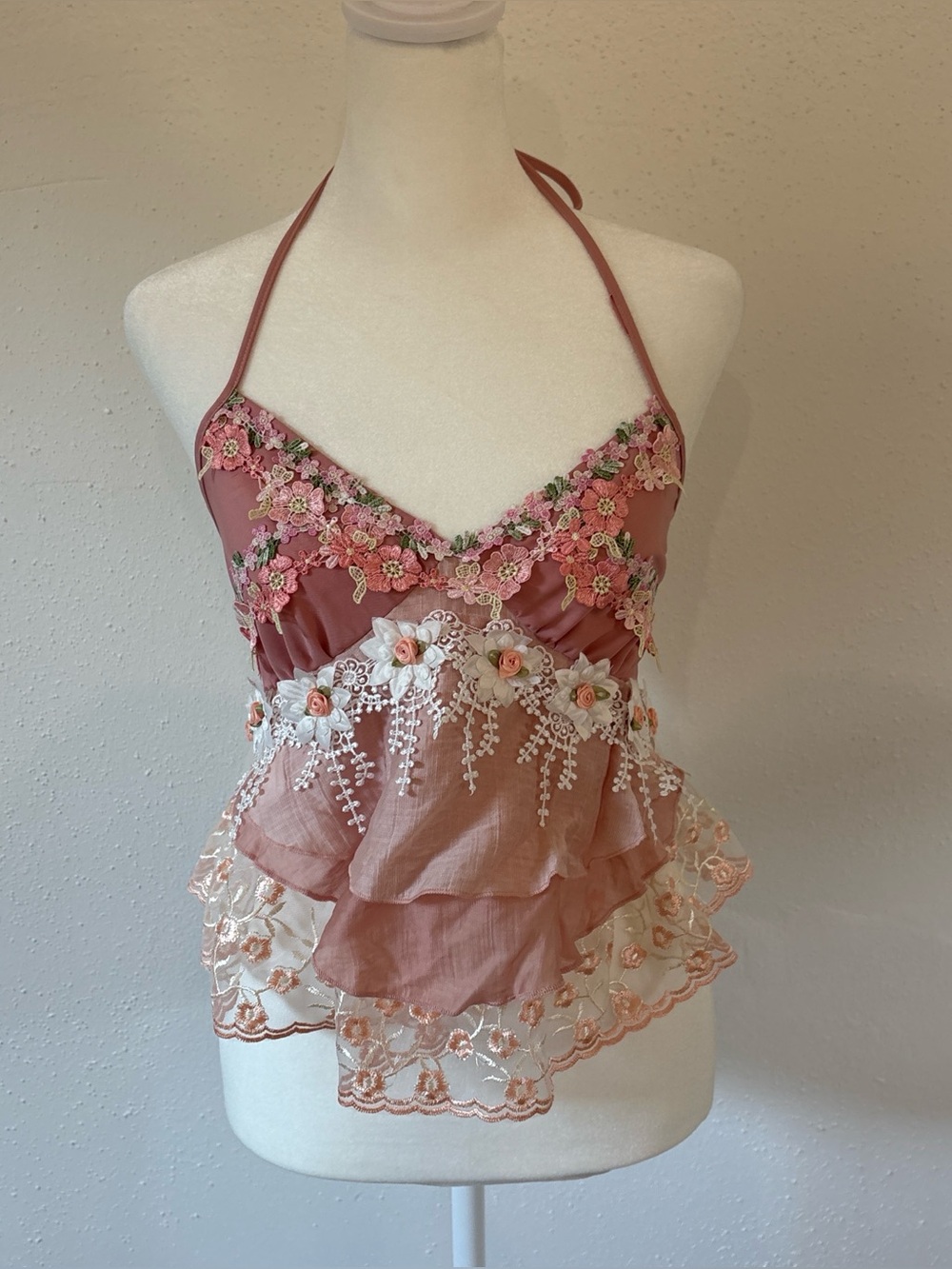 angelic pink top delicate embroidered lace + 3D flowers all over